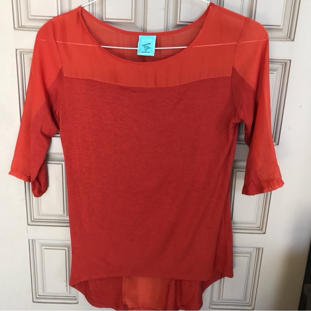 H.I.P Mesh/Solid Tee Round Neck Rust SzS 3/4 Sleeves Cute